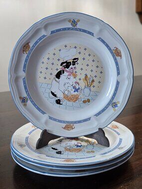 Vintage 1994 Newcor Kitchen Kow Stoneware Salad Plates - Set of 4 Cow Chef